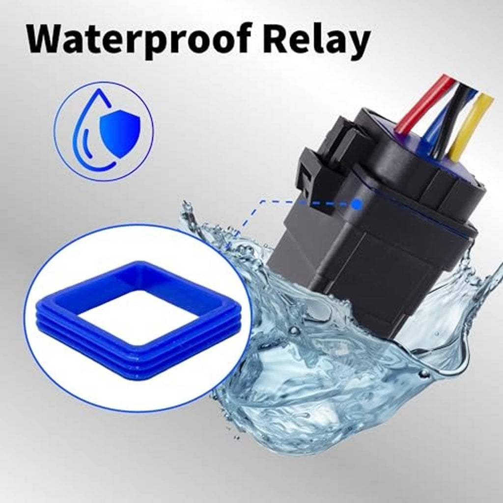 Waterproof-style black automotive relay with multi-colored wire harness and mounting tab
