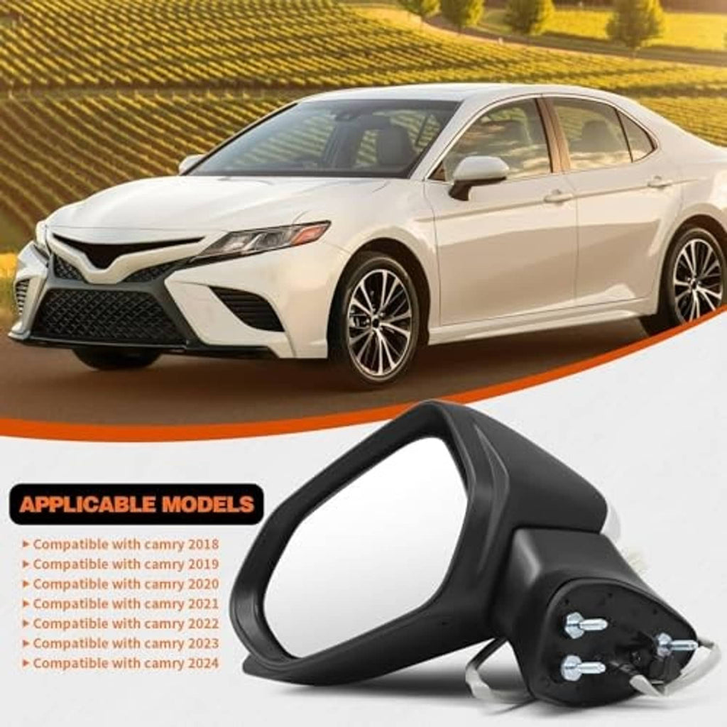 Driver side mirror assembly with black cover and white housing on a white car