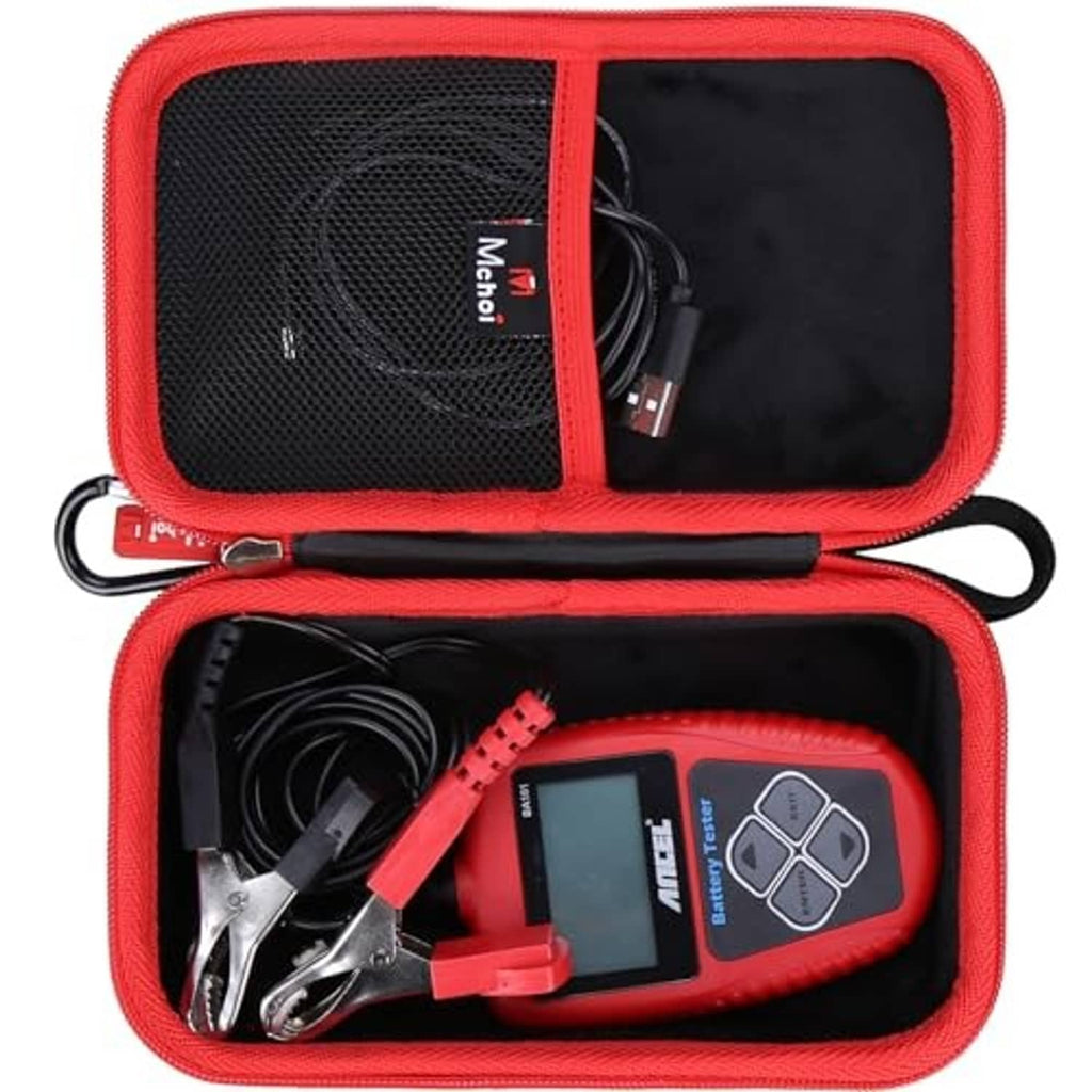 Hard EVA case in red with open top, mesh panel, tester holder, and accessory compartments.