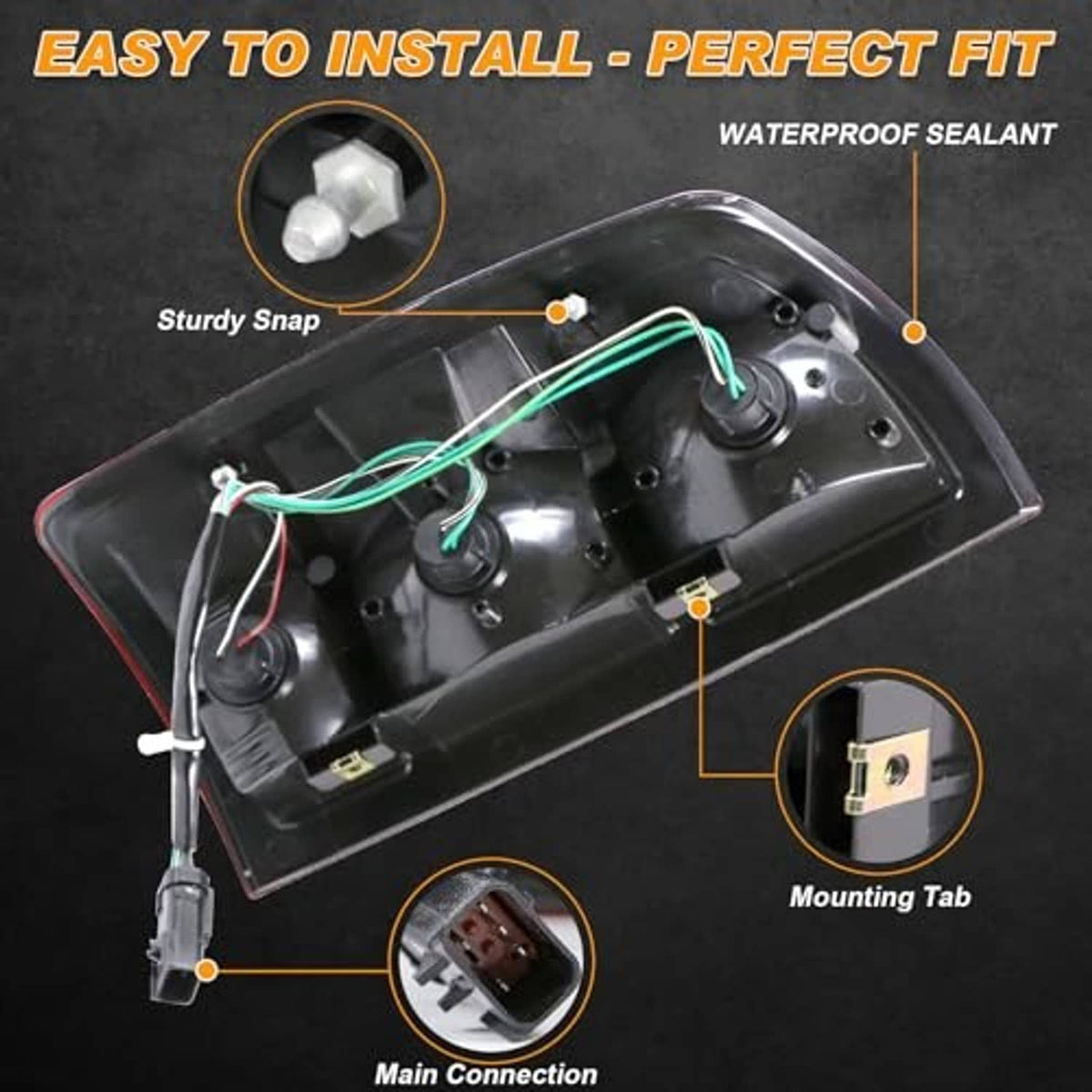 Rear tail light assembly housing with wiring pigtails and mounting tabs