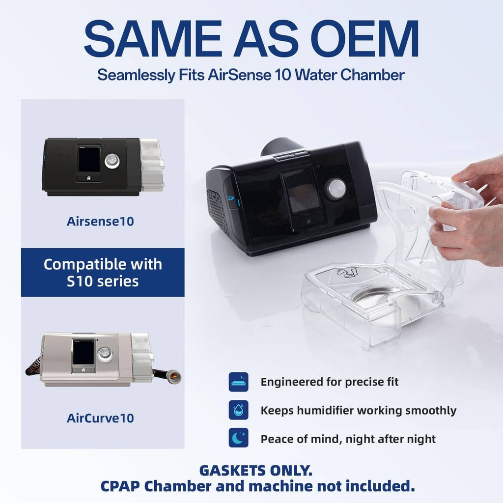 Water chamber gasket compatible with AirSense 10 and AirCurve 10, shown with units
