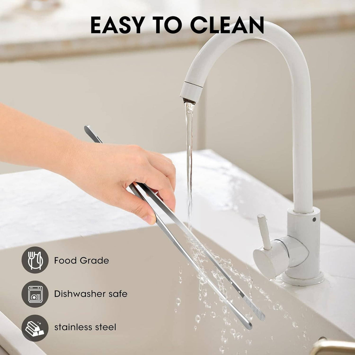 Stainless steel kitchen tweezers rinsed under running water, food-grade with ribbed grip