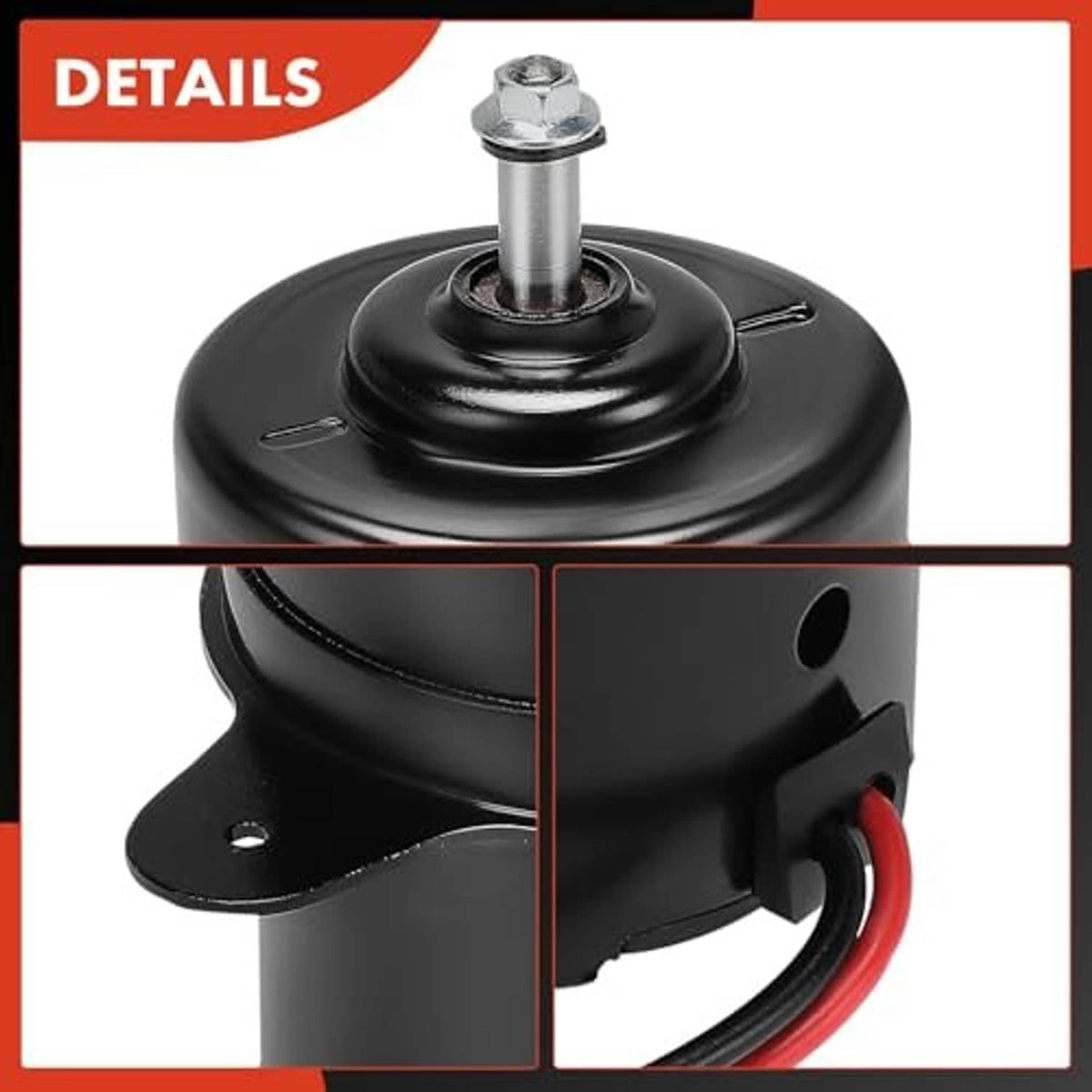 Close-up radiator fan motor showing top stud, black housing, bracket tabs, and red wire