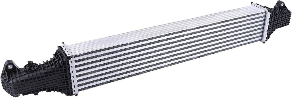 Turbo charge air intercooler with silver aluminum fins and black plastic end tanks.