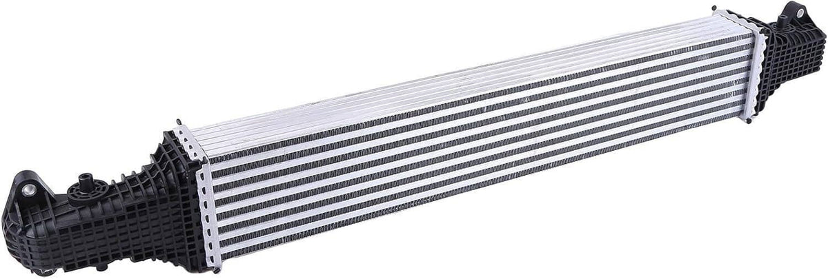 Turbo charge air intercooler with silver aluminum fins and black plastic end tanks.