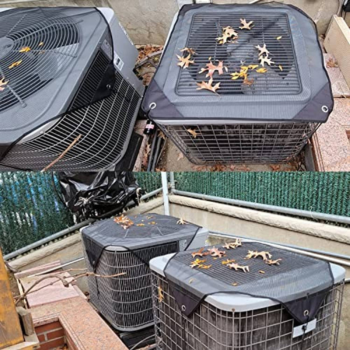 Central AC unit cover with gray mesh top and black mesh sides, secured corner loops.