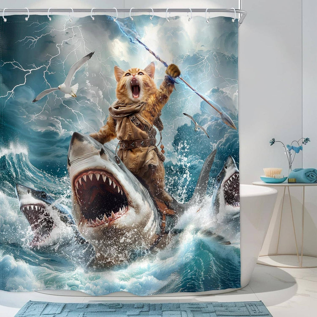 Ocean-themed shower curtain with cat on shark surf ride, open shark mouth, grommet top