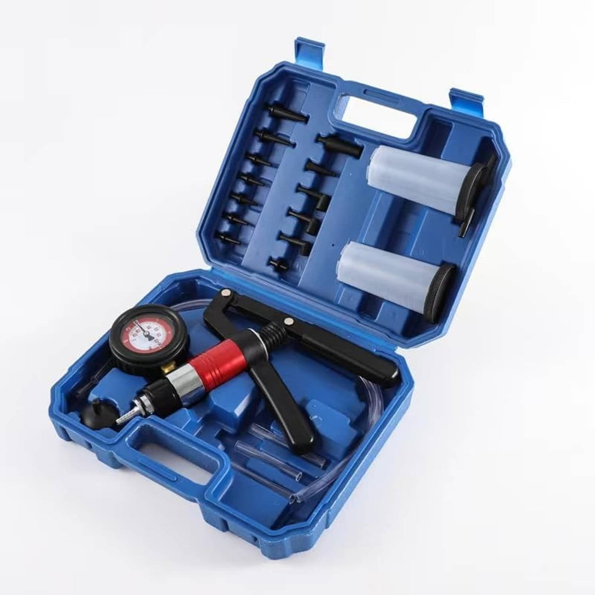 Open blue brake bleeder kit case with red pump, gauge, nozzles, and adapter fittings