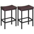 Pair of bar stools with dark brown upholstered seats and black metal legs.