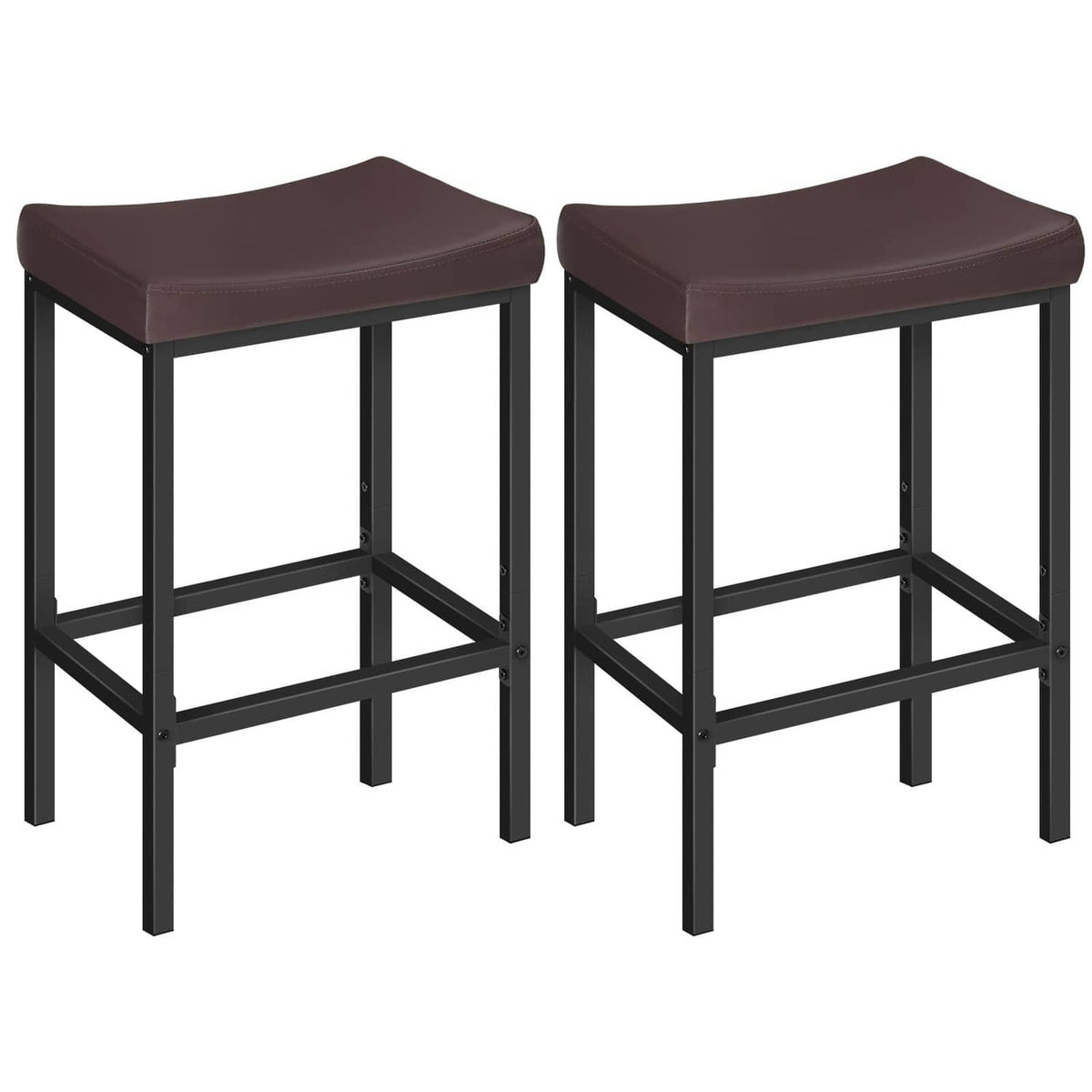 Pair of bar stools with dark brown upholstered seats and black metal legs.