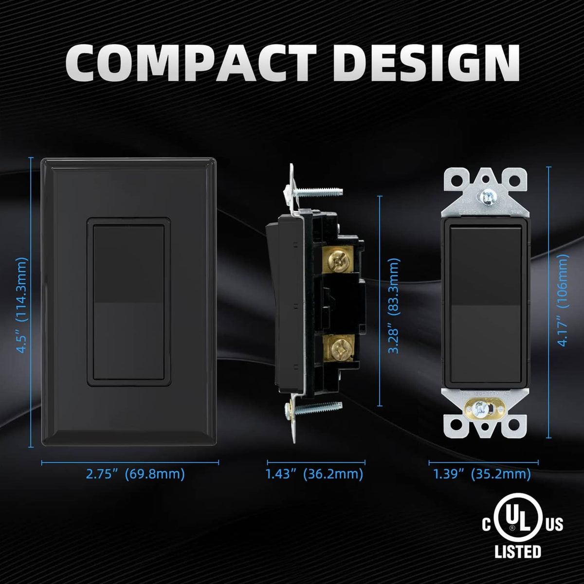 Glossy black single-pole wall switch with compact rocker and included mounting hardware