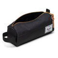 Black Herschel pencil case with zip closure, tan leather pull tab, front logo patch