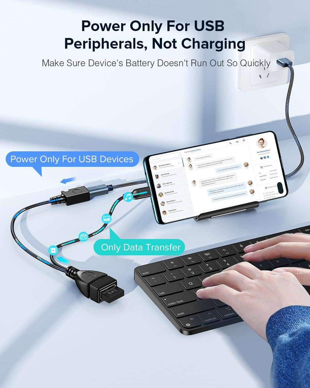 2-in-1 Micro USB OTG cable adapter for power-only USB devices, black cable