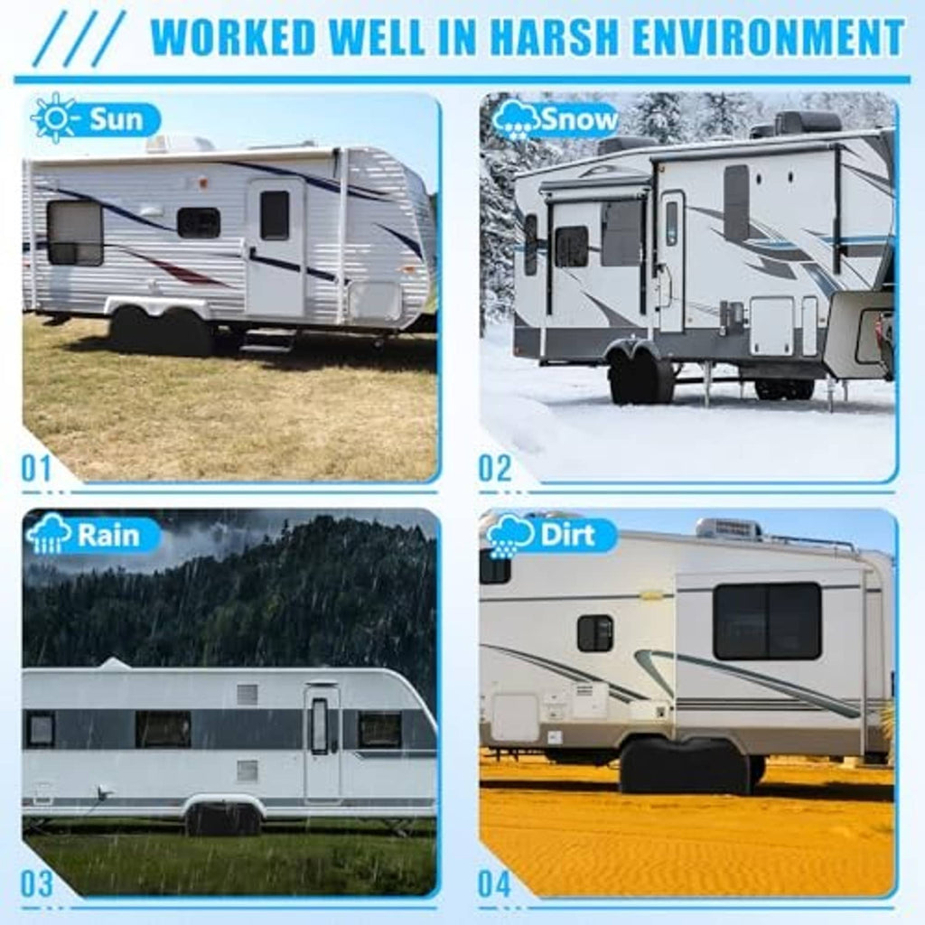 Black tire covers on RVs shown for sun, snow, rain, and dirt