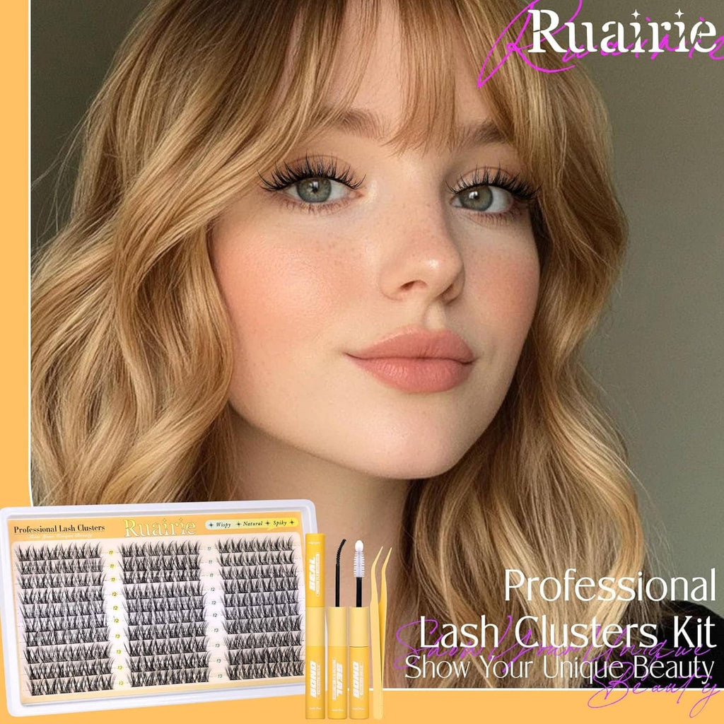 Model wearing wispy black lash clusters; kit box and applicator sticks shown