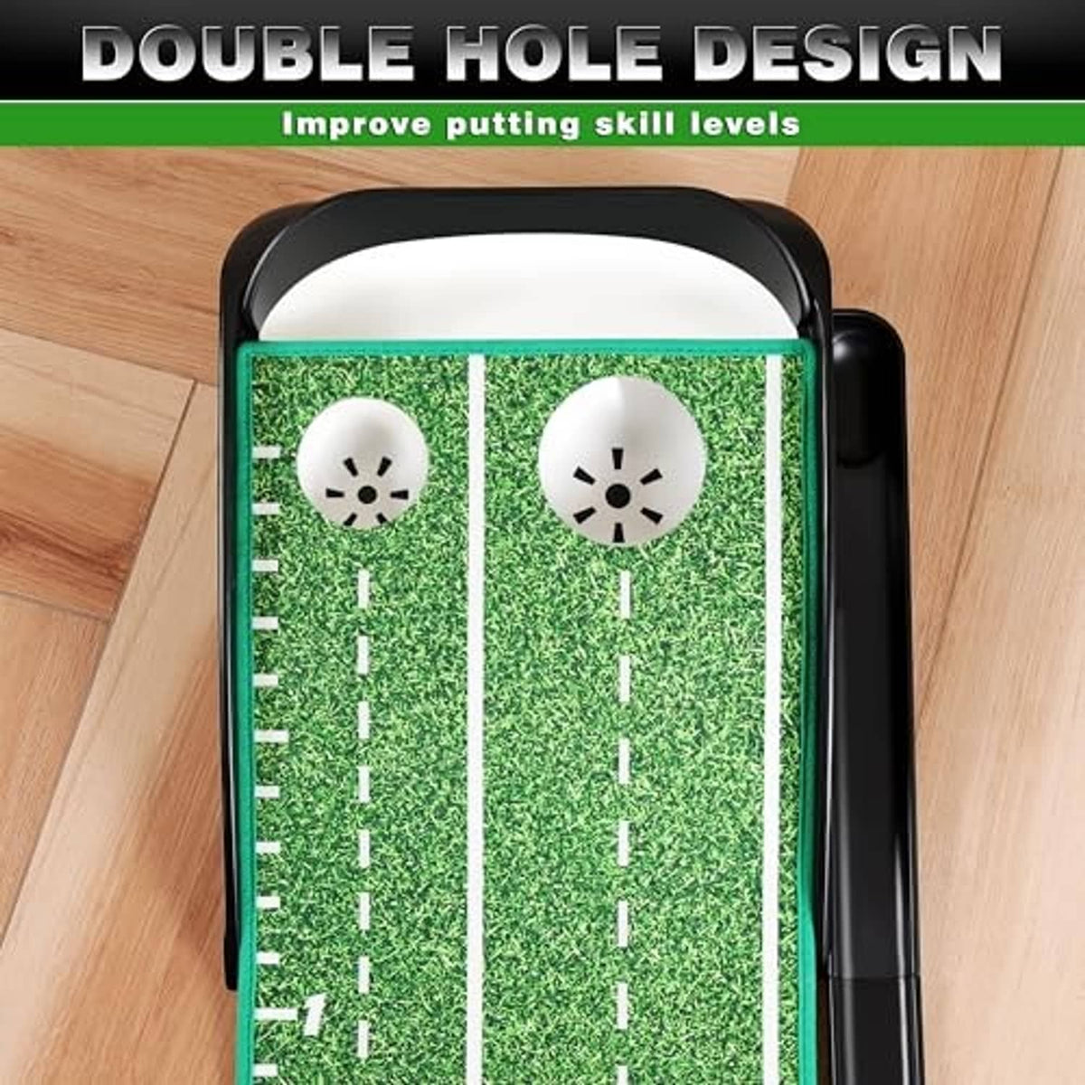Indoor golf putting green close-up with two circular cups, dashed guide lines, and golf balls.