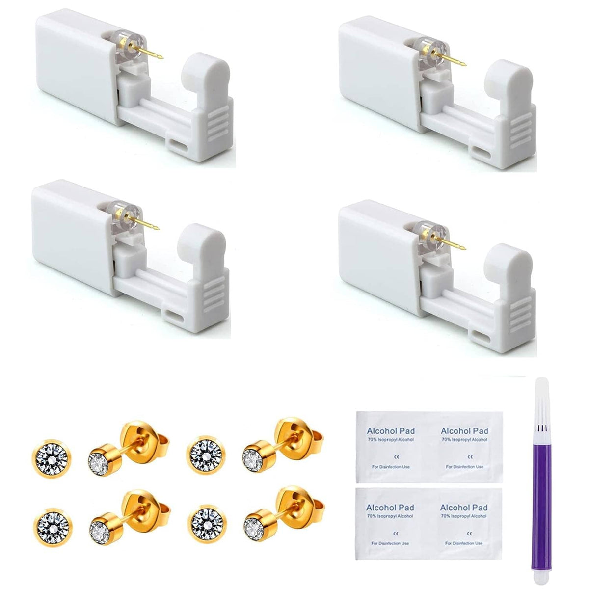 4-pack ear piercing kit with four guns, gold studs, alcohol pads and swab pen