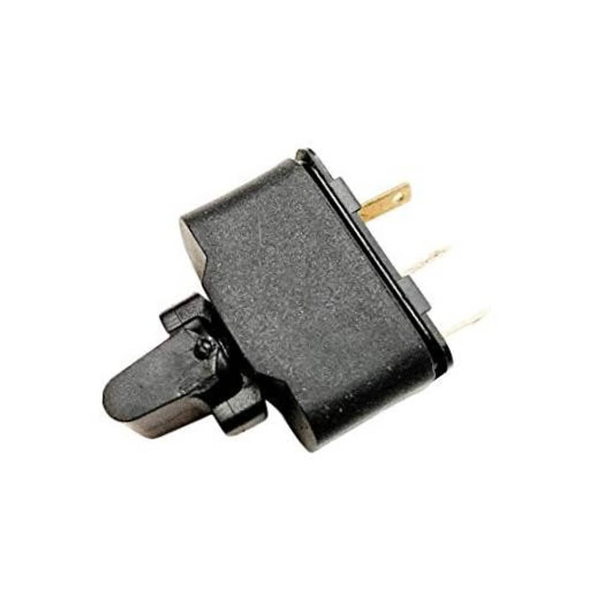 A.A tilt paddle switch with dark housing, side lever, and metal electrical terminals