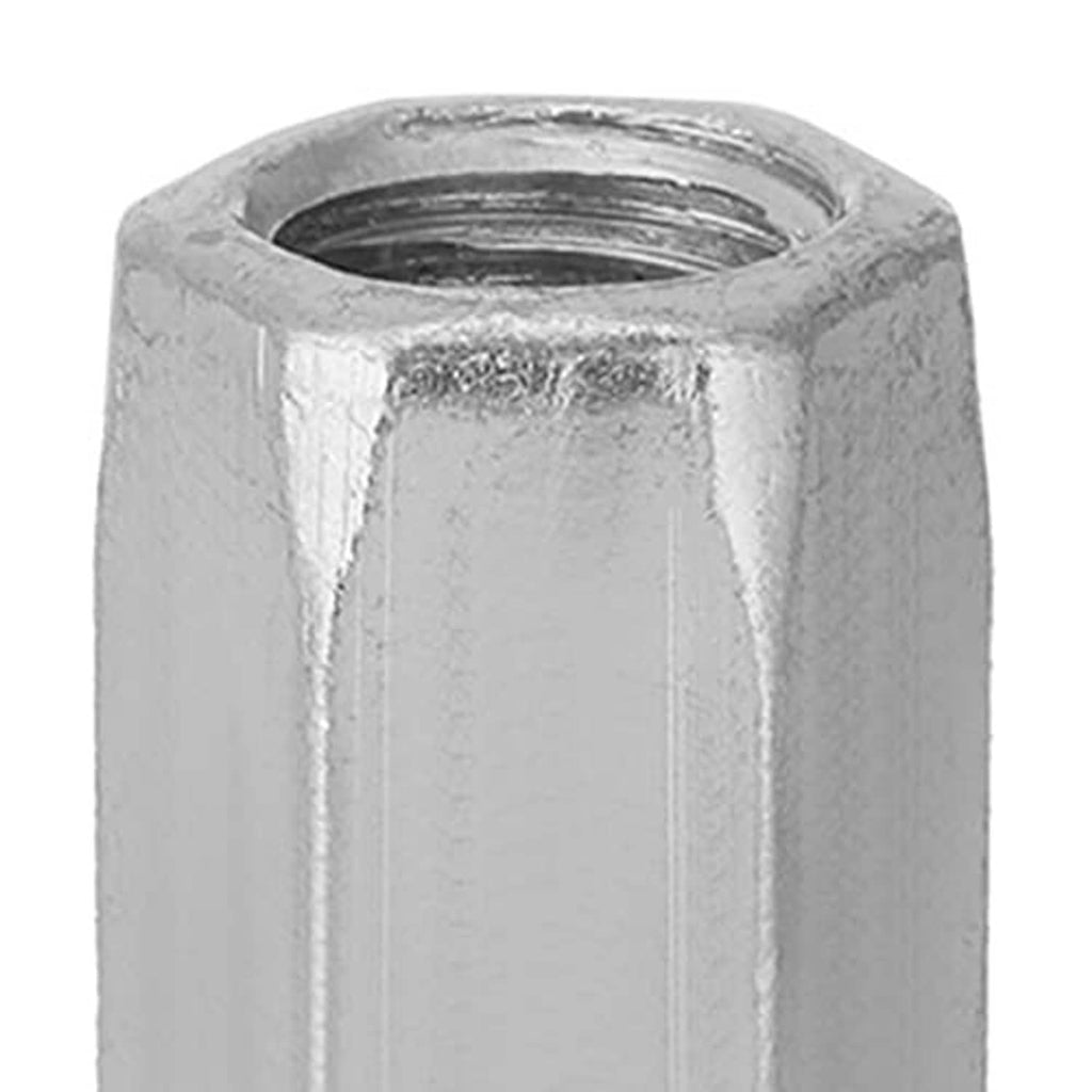 Close-up of hex nut hole with M10 internal threads, zinc-plated metal