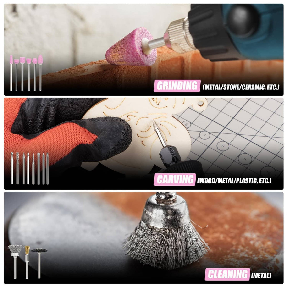 Rotary tool accessories for grinding, carving, and cleaning on metal, stone, and ceramic