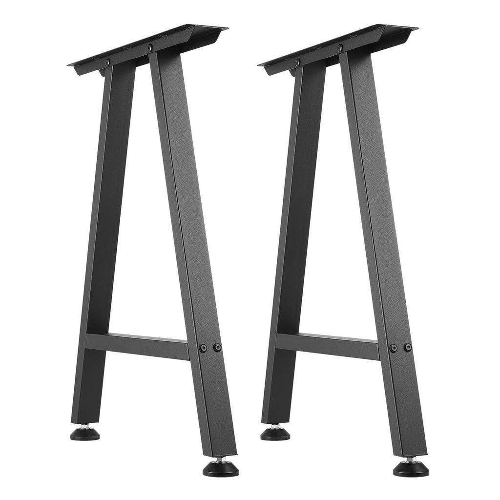 Pair of black trapezoid steel table legs with adjustable feet and mounting plates