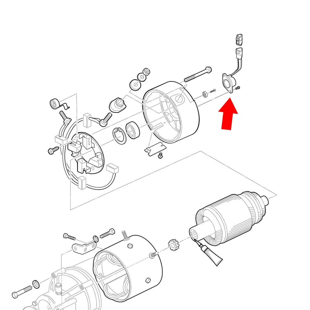 Exploded view showing installation location for high-speed magnet sensor on a cart assembly