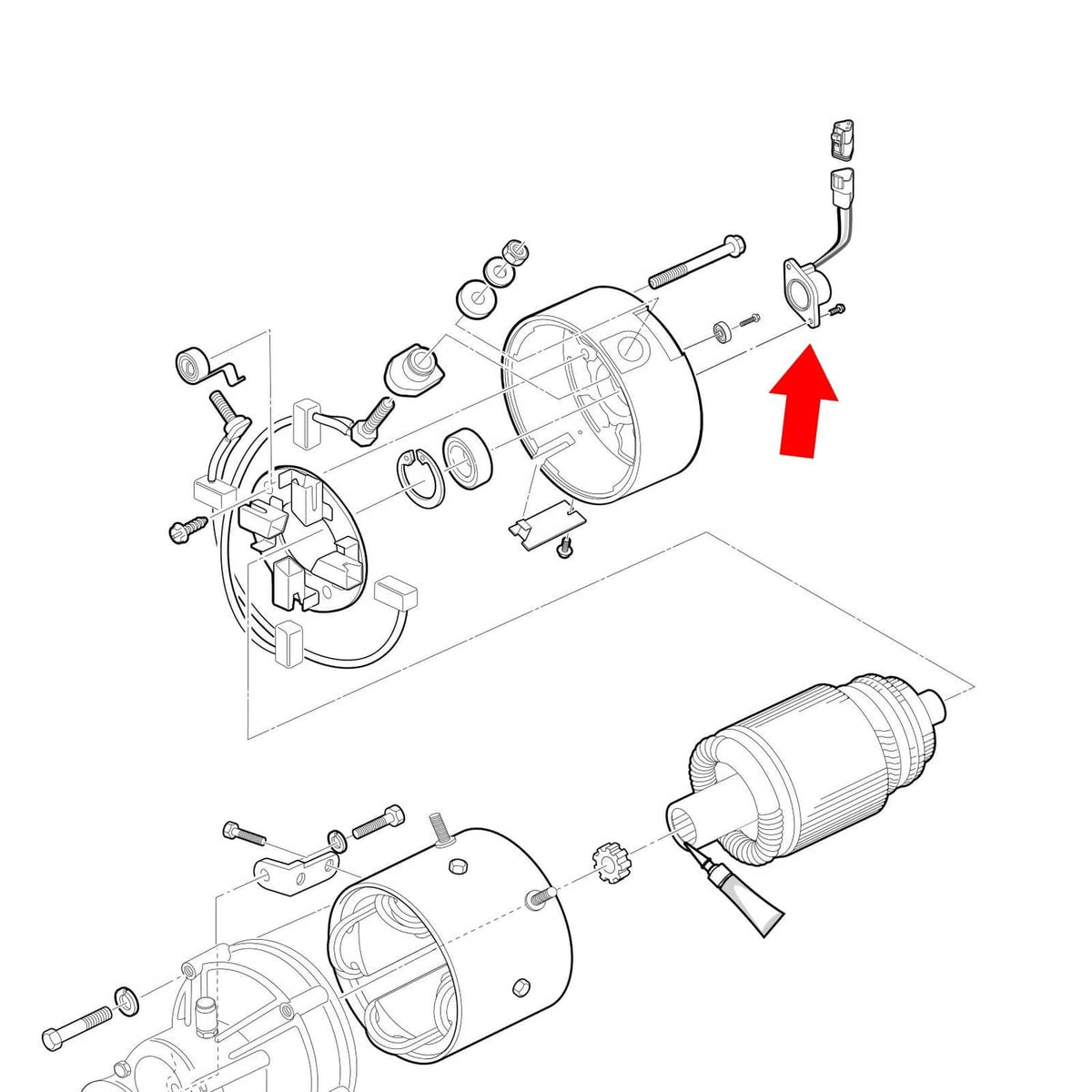 Exploded view showing installation location for high-speed magnet sensor on a cart assembly