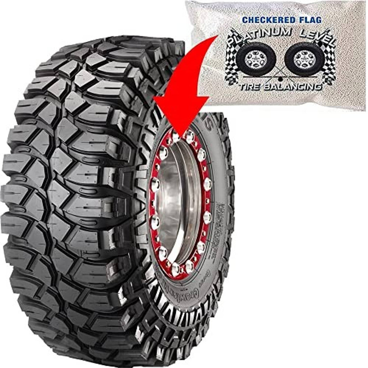 Truck tire beside a tire balancing bead pouch, with red arrow indicator