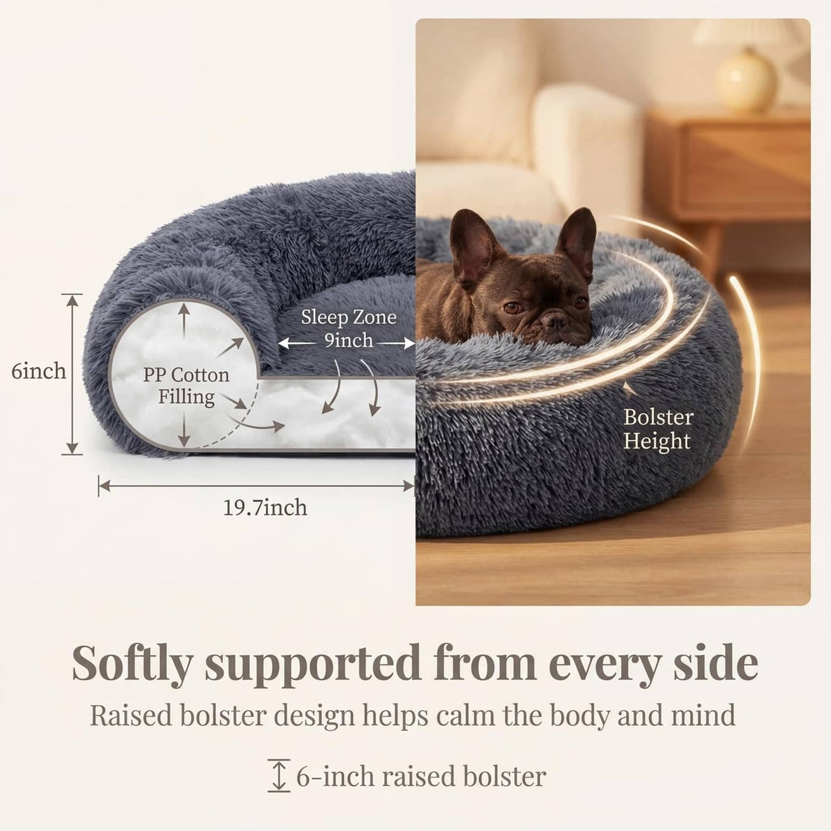 Dark grey round plush dog bed with raised bolster sides; small dog lying inside.
