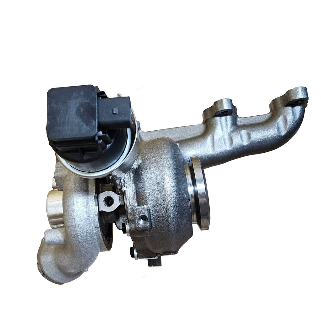 Turbocharger with inlet housing and compressor outlet, metallic silver and dark black