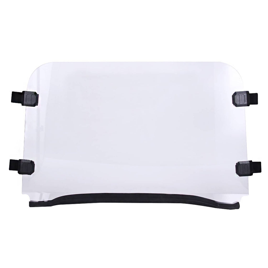 Clear UTV windshield panel with rounded corners and black mounting clips, curved bottom