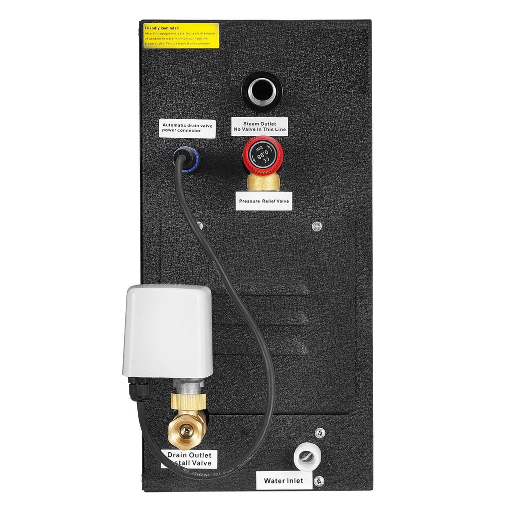 Steam generator controller back panel with drain outlet, steam outlet, and water inlet