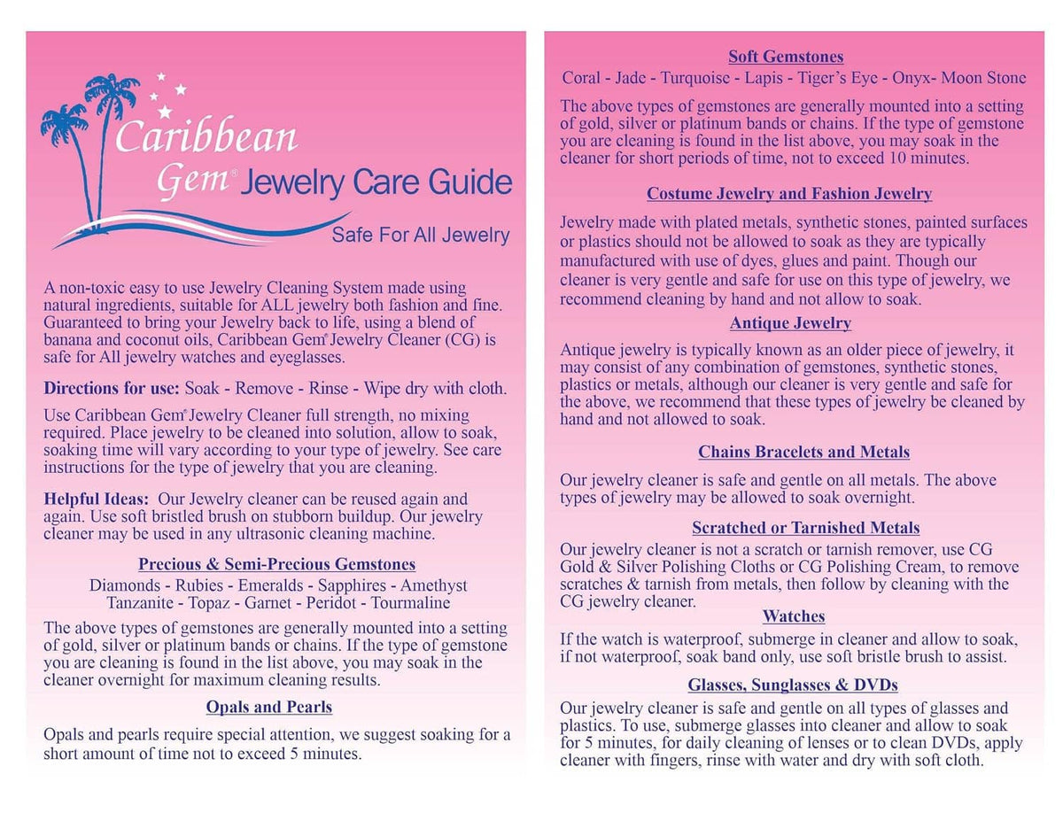 Jewelry care guide booklet with instructions for cleaning different jewelry types
