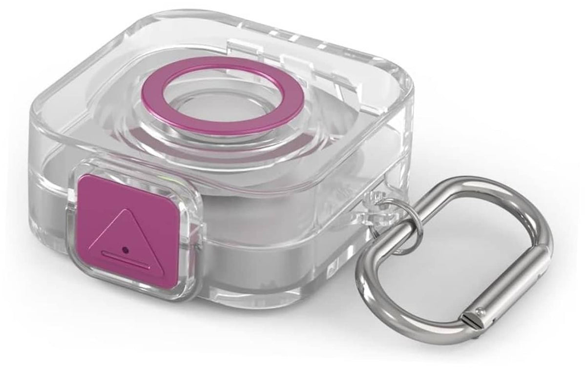 Clear TPU charger protector case with purple opening and carabiner clip, square design