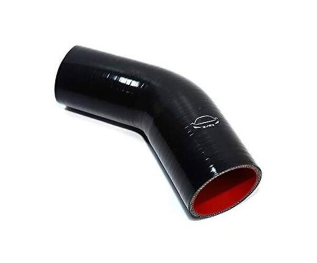 Black 45-degree reinforced silicone hose elbow with red inner opening