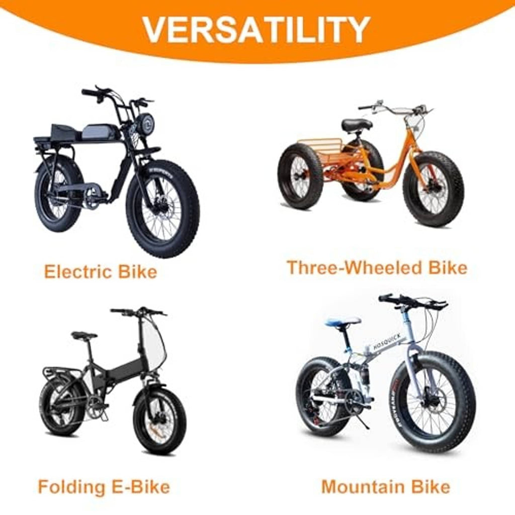 Fat bike tires shown for electric, three-wheeled, folding, and mountain bikes