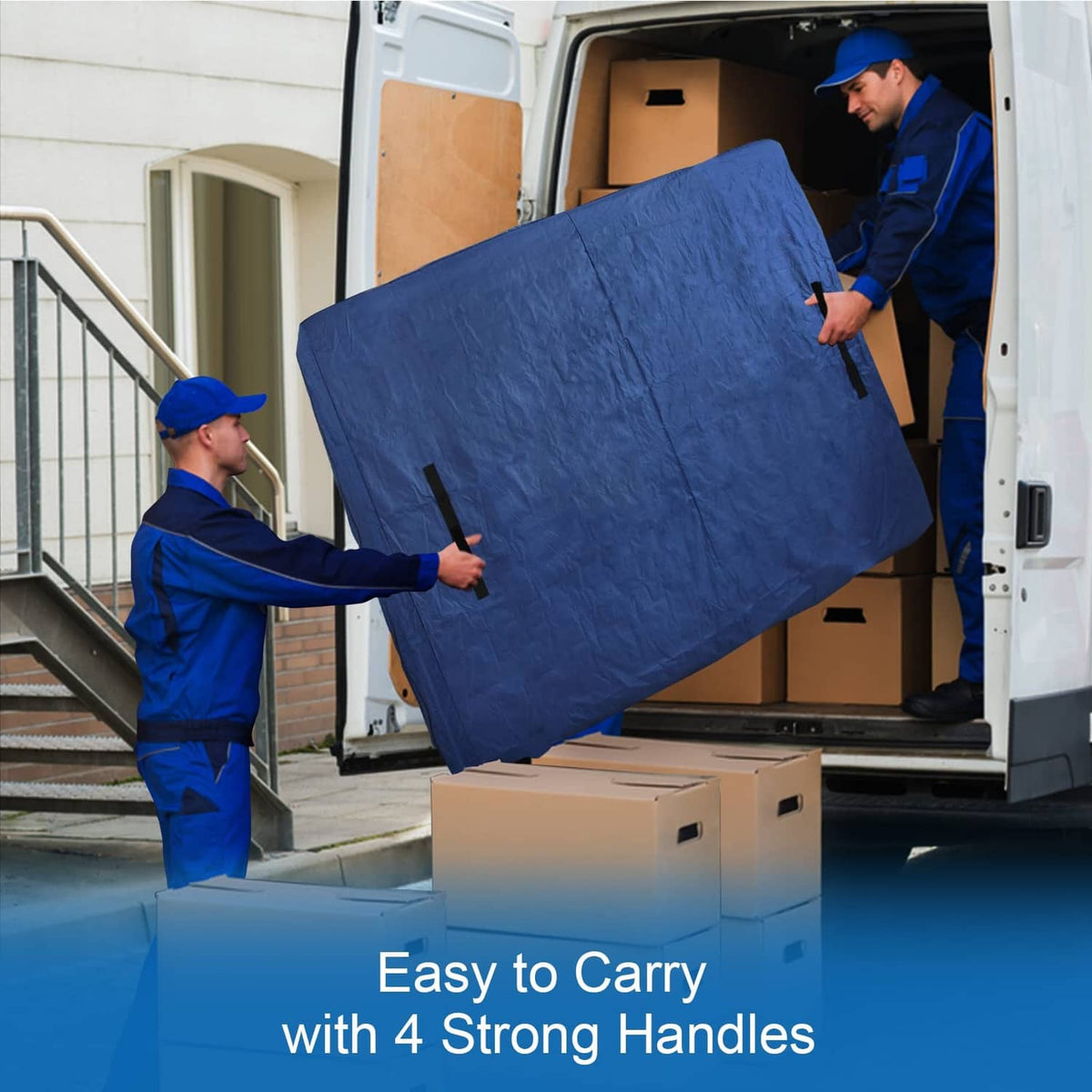 Navy twin waterproof mattress cover with carry handles, folded for moving and storage