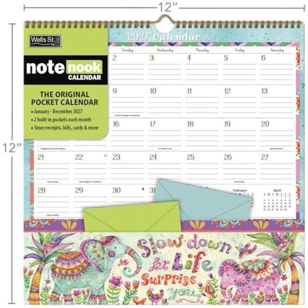 Pocket calendar front with colorful illustrated artwork and green envelope pocket, 12 in