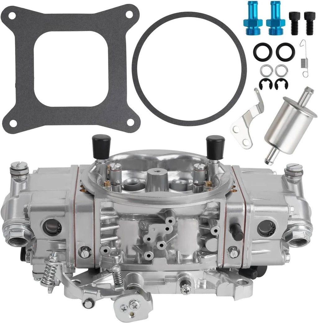 Carburetor kit with black square gasket, round gasket, assembled carb, blue fittings, and springs.