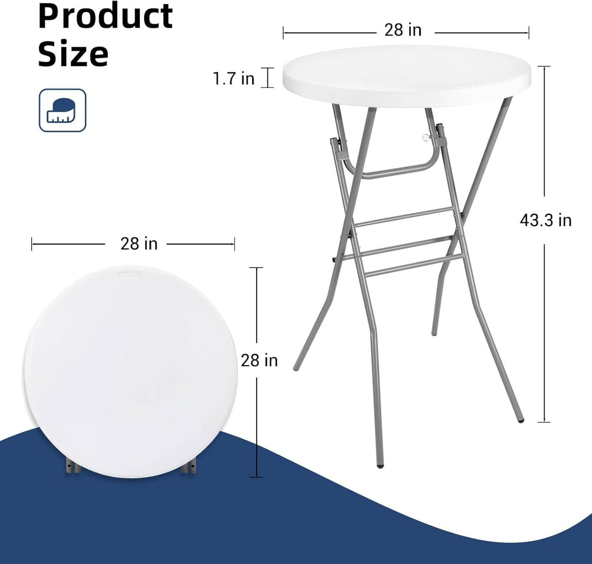 White round folding high-top cocktail table with 28 in diameter and 43 in height