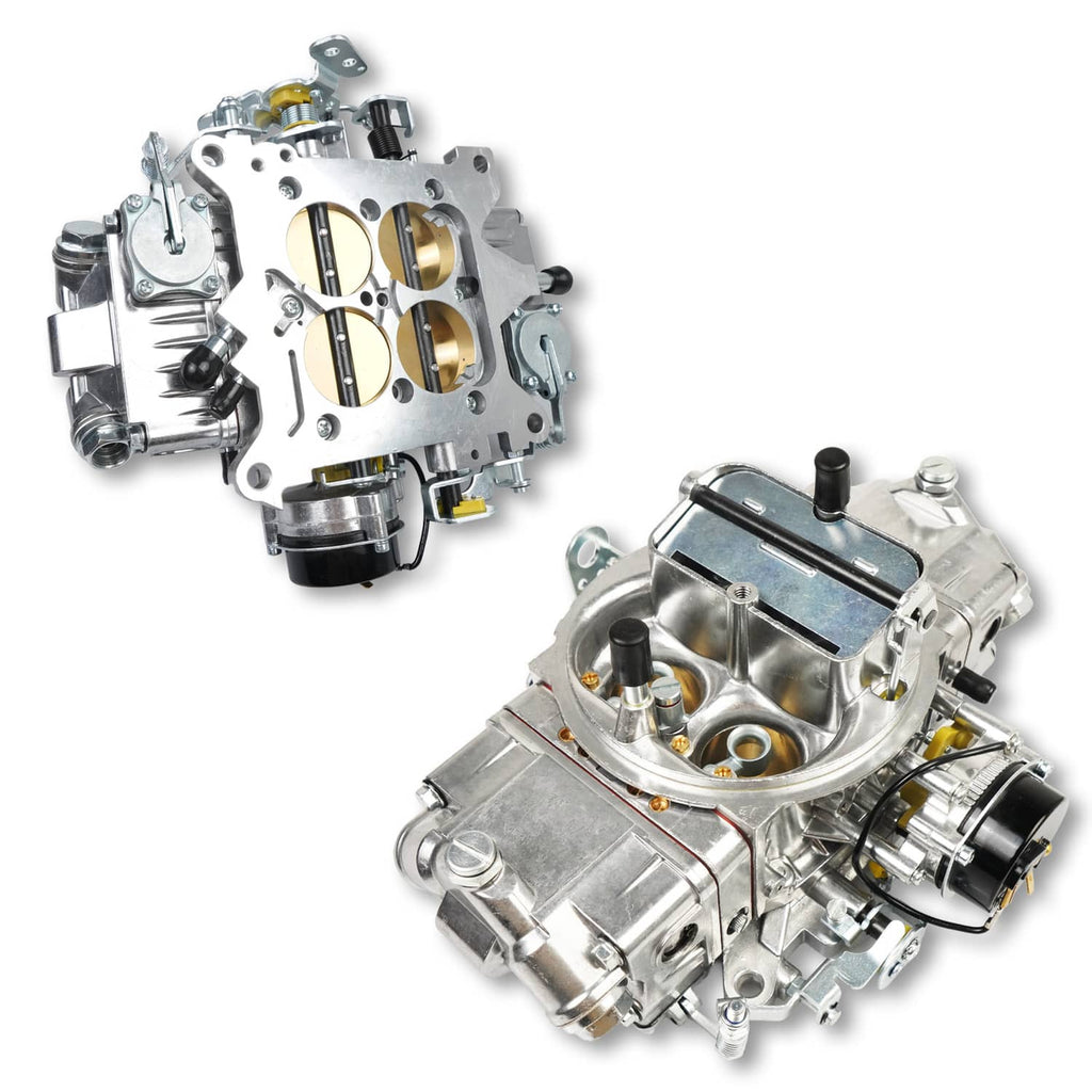 4-barrel e-choke carburetor with silver aluminum housing and visible bores