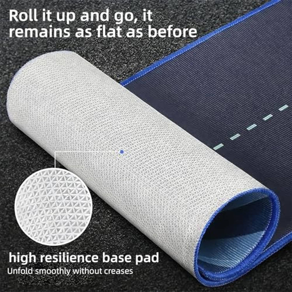 Rolled golf putting green practice mat with textured white base pad and blue border