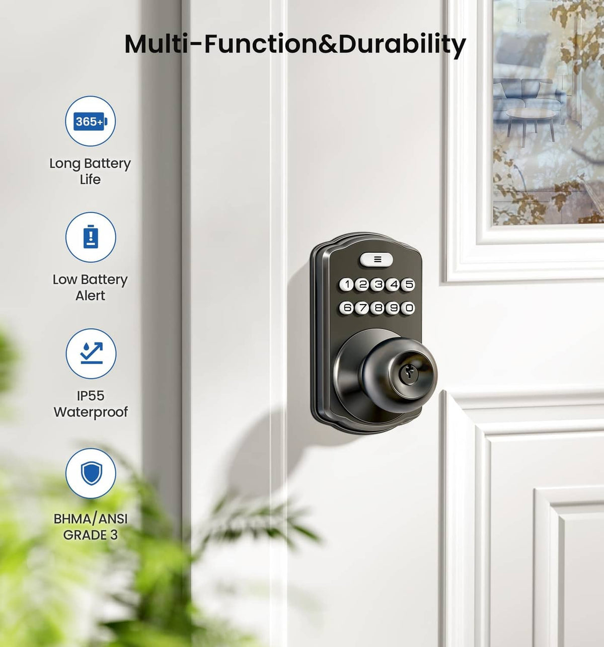 Keypad fingerprint door lock with lever handle and thumb-turn latch housing