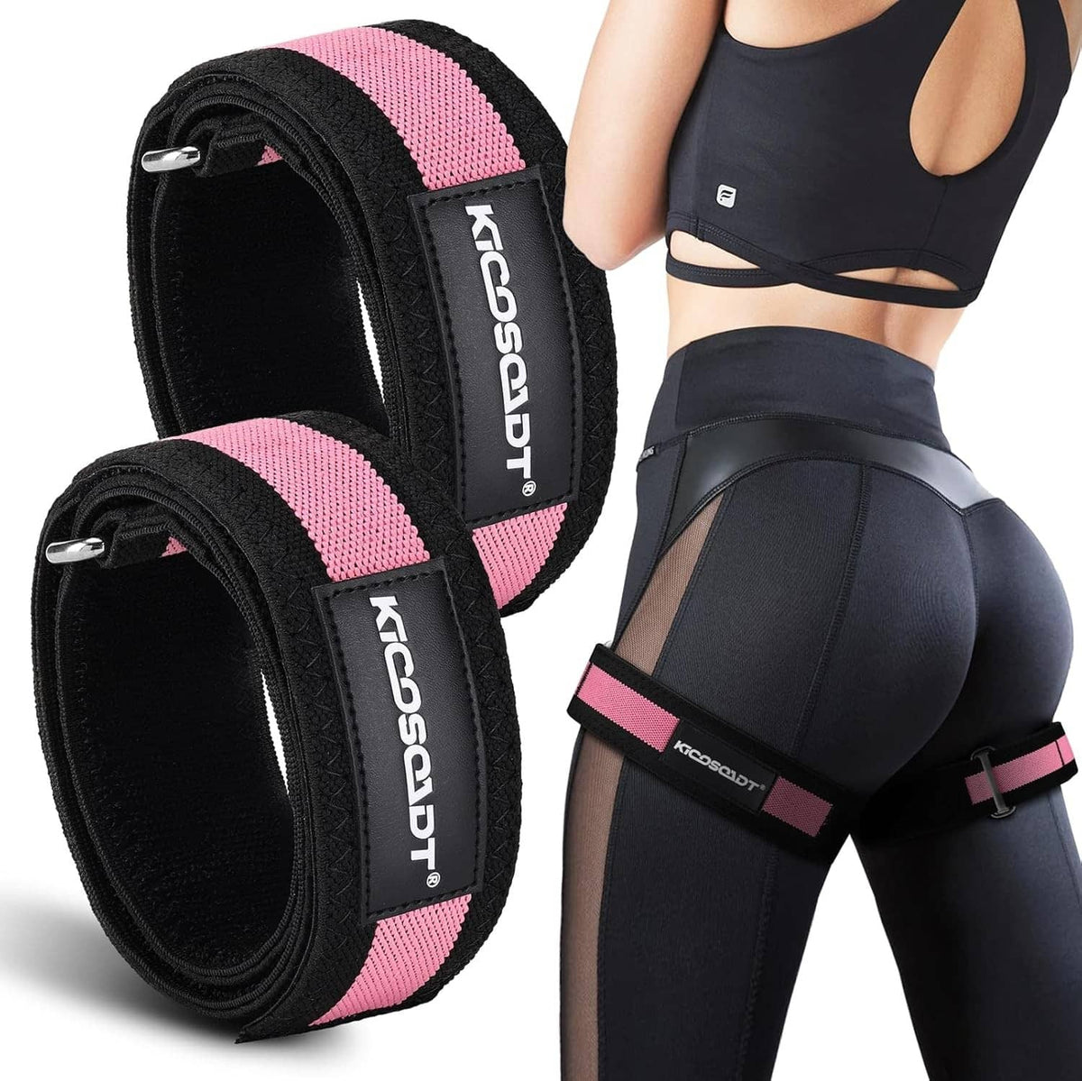 Pink and black fabric booty bands with metal buckles, shown on model