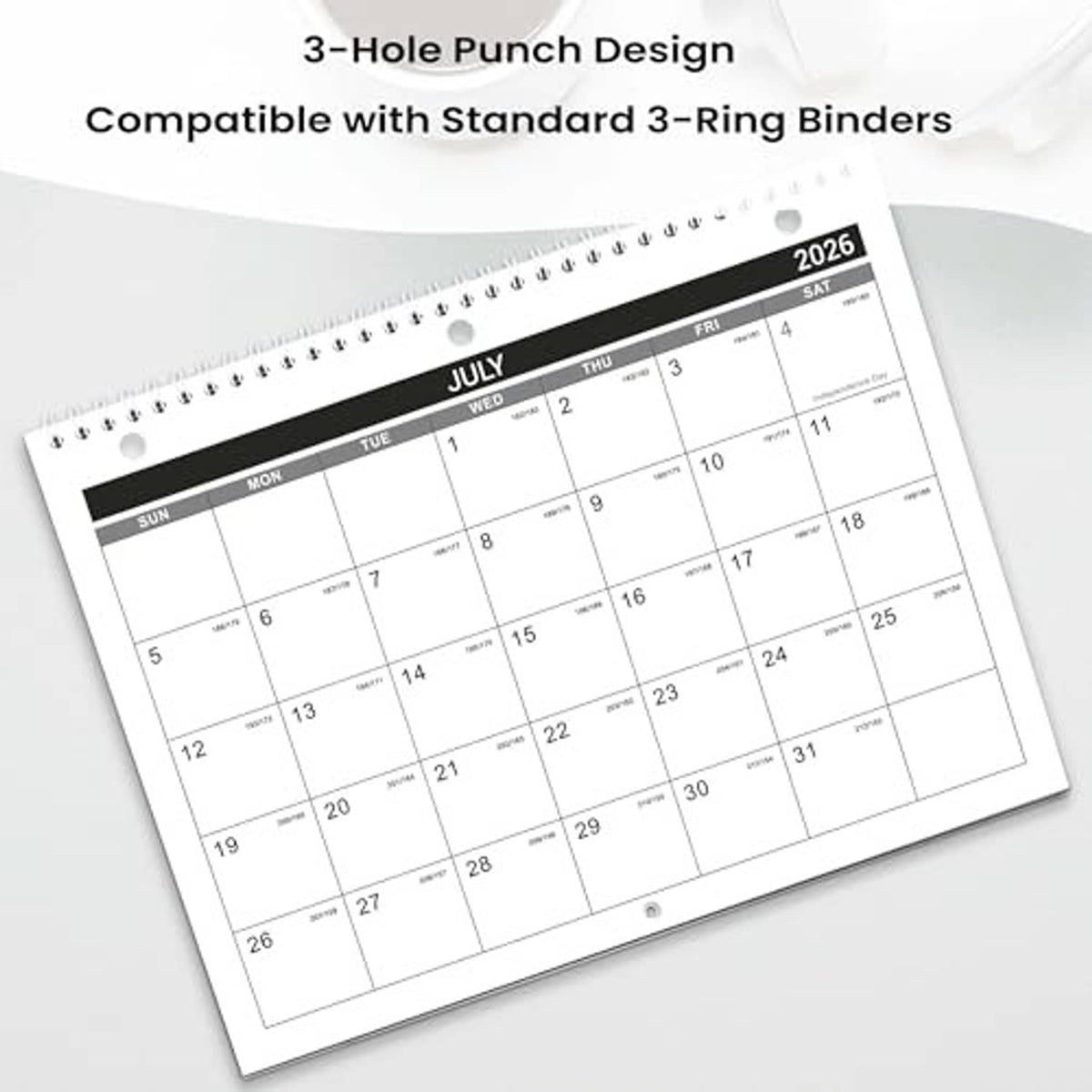 3-hole punch wall calendar page, July 2026 grid with standard binder holes