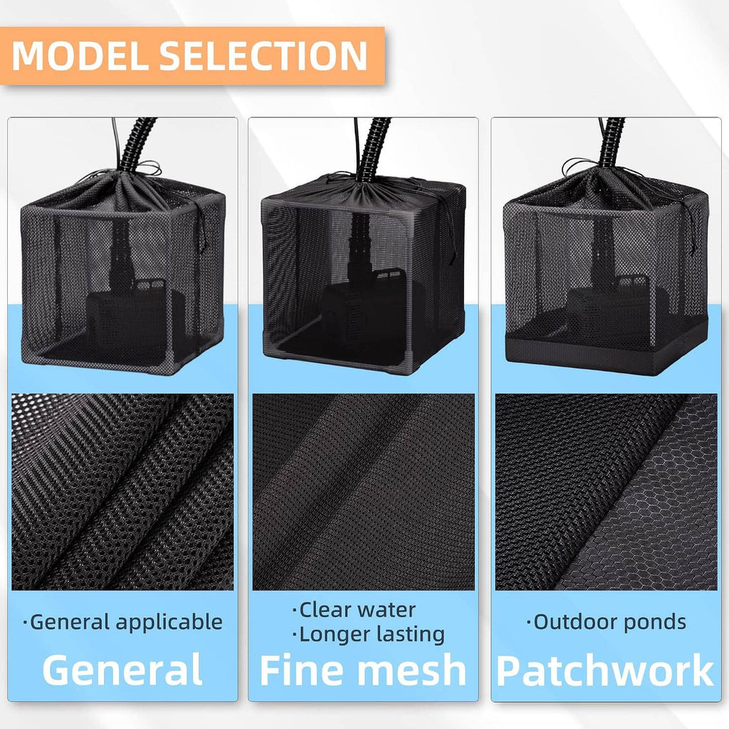 Three black pond filter barrier bag baskets with different mesh types and textures