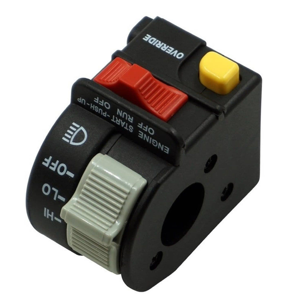 Left handlebar engine HI/LO/OFF switch, angled view with grey selector, red rocker, yellow button