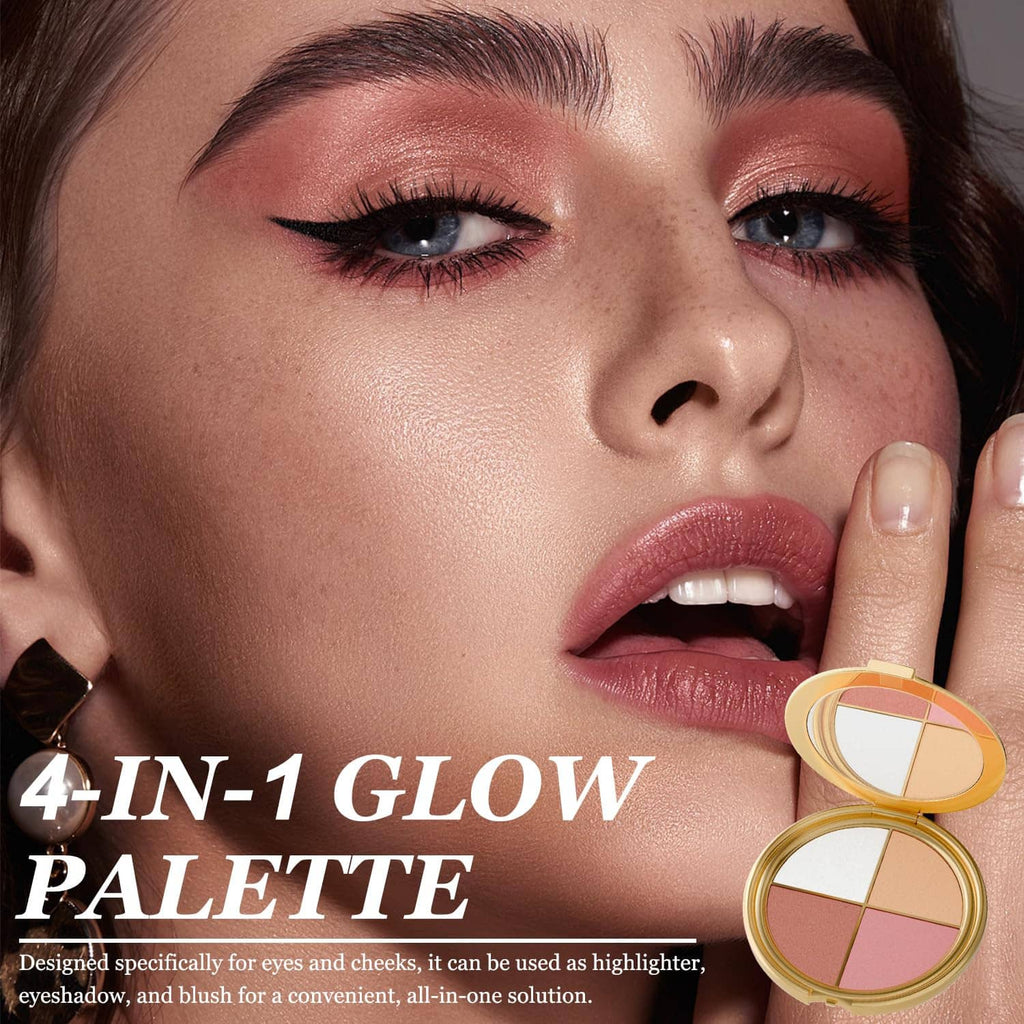 Eye and cheek palette compact with four pressed blush and highlighter shades