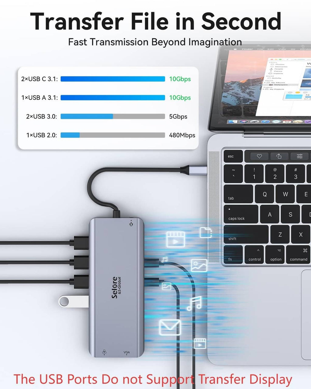 Grey USB-C dock for fast file transfer with USB ports, not display transfer