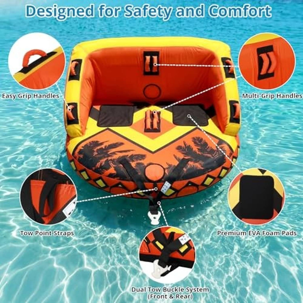 Orange inflatable boat tow tube with yellow side panels, black palm pattern, padded tow straps